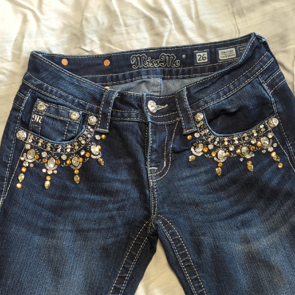Miss Me Women's Dark Blue Straight Leg Jeans with Gold and Silver Embellishments